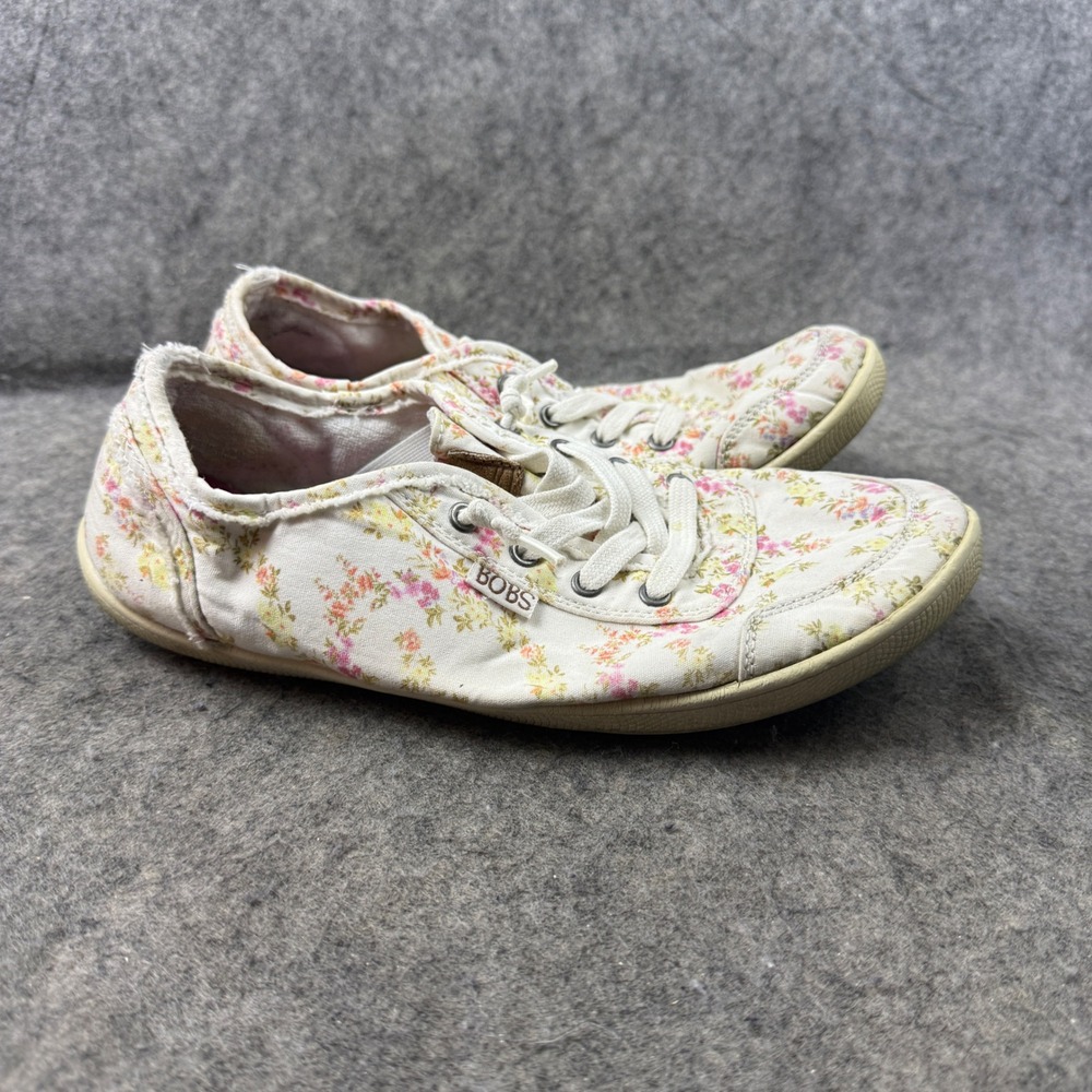 Skechers BOBS Floral Canvas Slip On Sneakers White Pink 113849 WMLT Womens 8.5